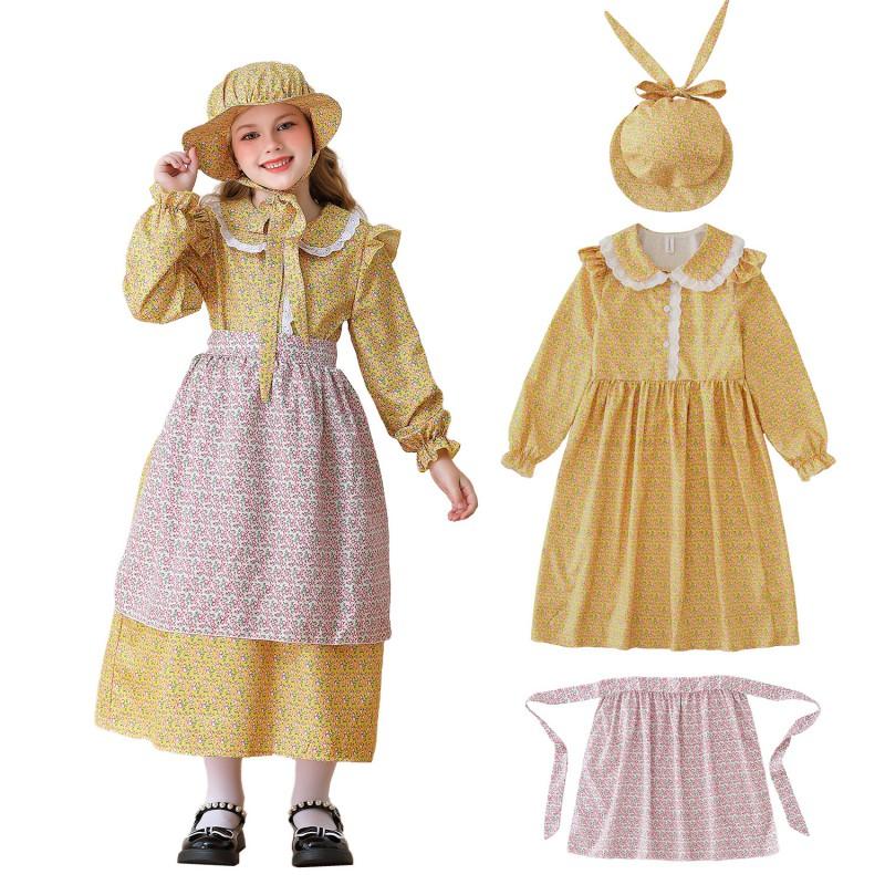 Girls Vintage Prairie Pioneer Costume Dress With Lace Bow Apron Role Play Performance