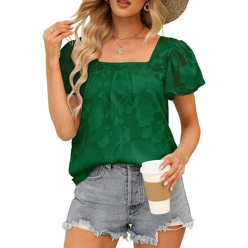 Summer Women T-shirt Square Neck Lace Hollow Out Casual Loose Short Sleeve Chiffon Shirt