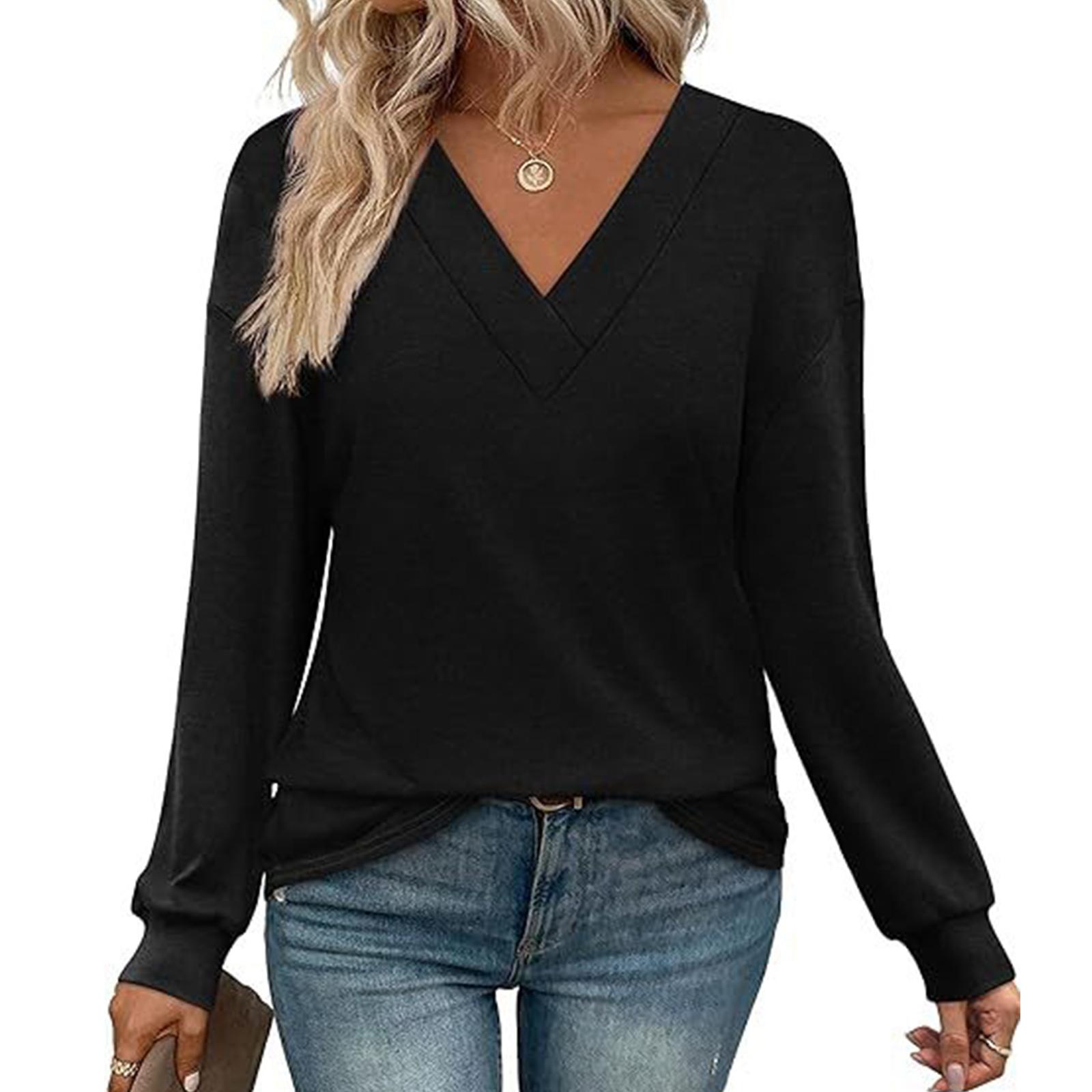 Women s Color Casual Loose Long-sleeved T-shirt Top L чёрный