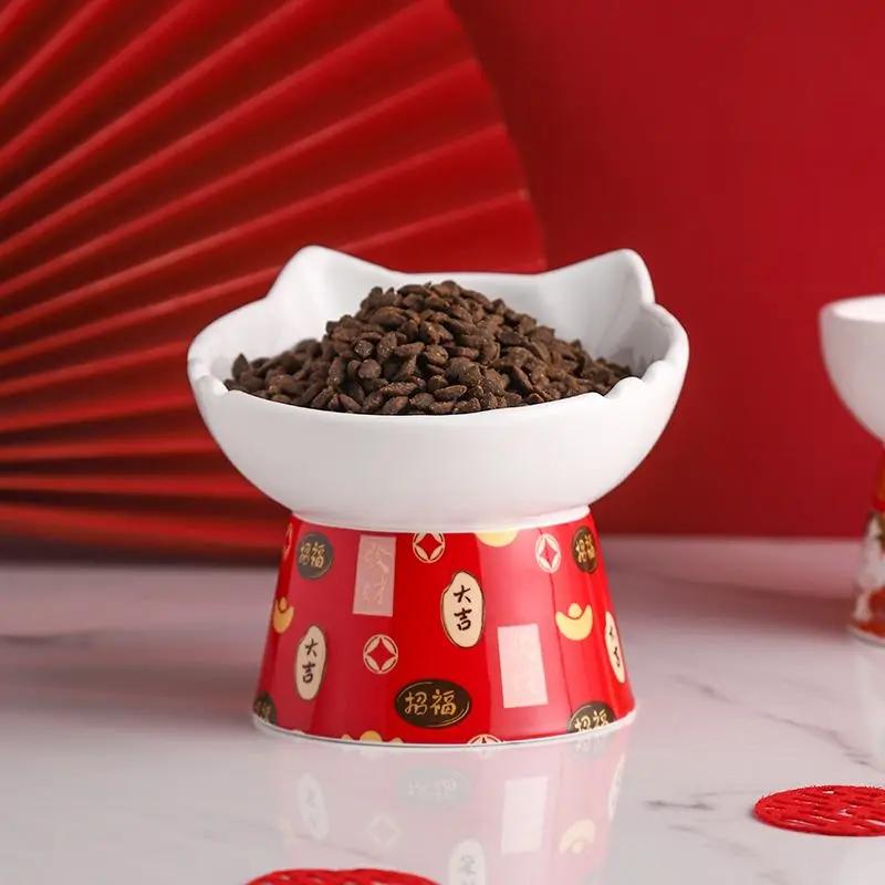 Creative Cartoon Cute Ear Shape Ceramic Drinking Water Eating Food Neck Protection Anti Overturning High Foot Cats Dog Bowl, 1Pc