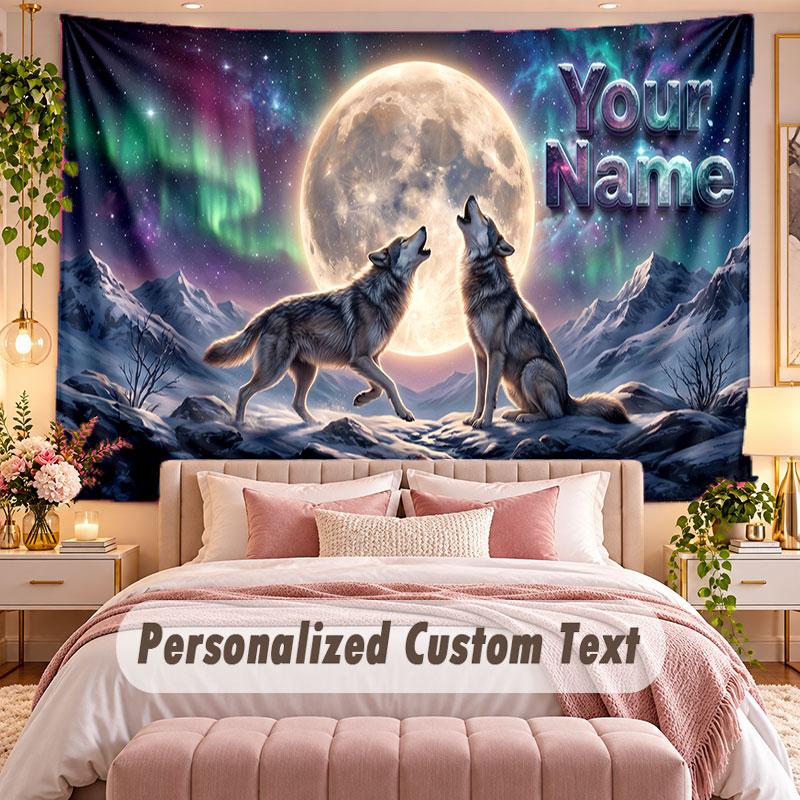 Wolf (144) Theme Wall Tapestry Customized With Name Text Personalized Hanging Tapestry For Bedroom Living Room Decor