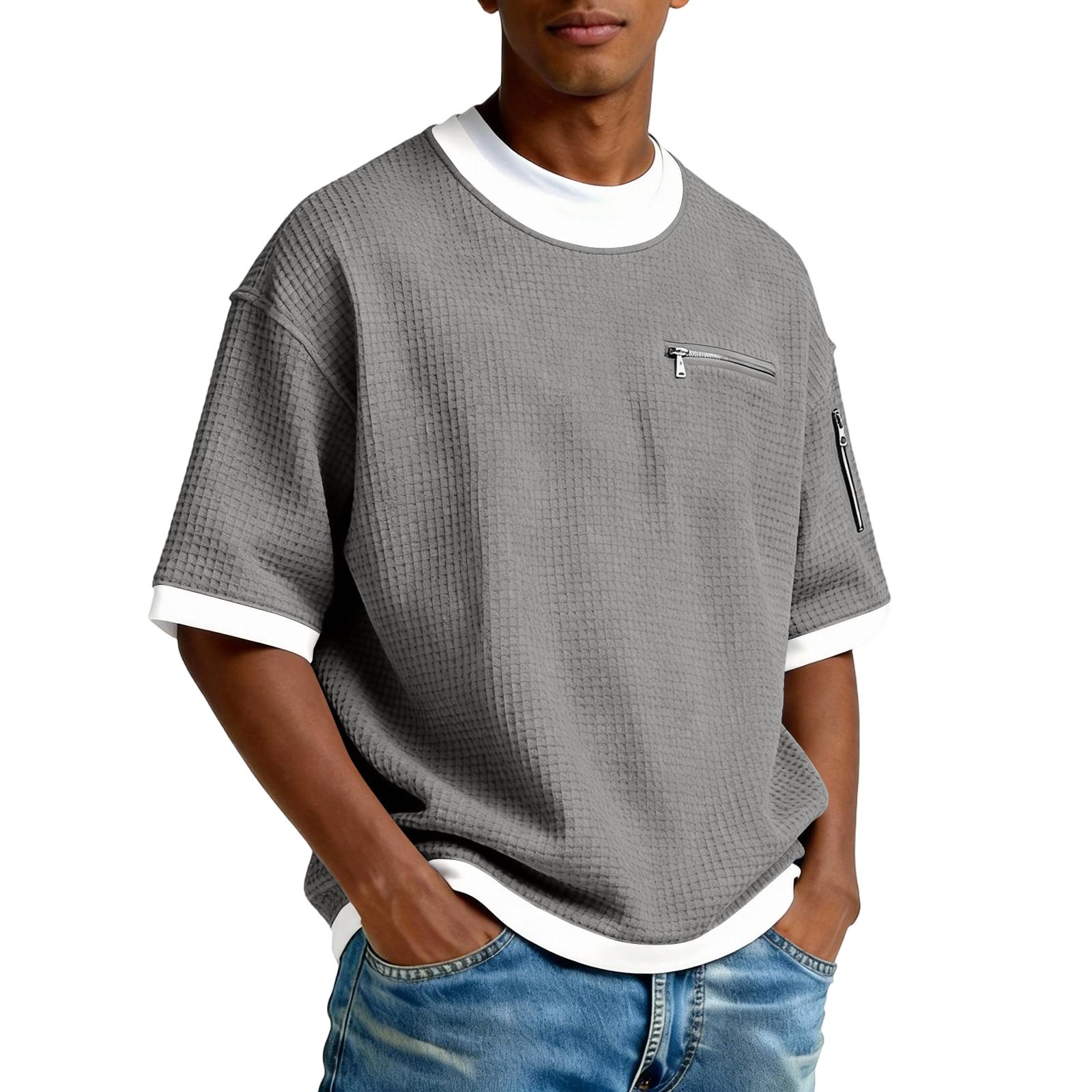 

Мужская футболка с круглым вырезом, контрастной расцветки, повседневная, с карманами на молнии - Модная спортивная футболка свободного кроя с коротким рукавом L