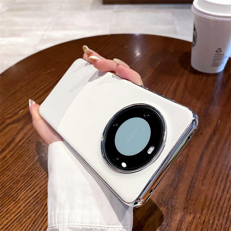 Applicable To Huawei Mate60Pro + Electroplated Contrasting Color Plain Leather Mobile Phone Case Mate60 Metal Lens Ring Protective Case