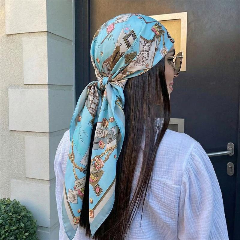 90Cm Satin Square Scarf Women Paisley Hijab Elegant Print Silk Neckerchief Shawl Wraps Headband Handle Hair Accessories Bandana