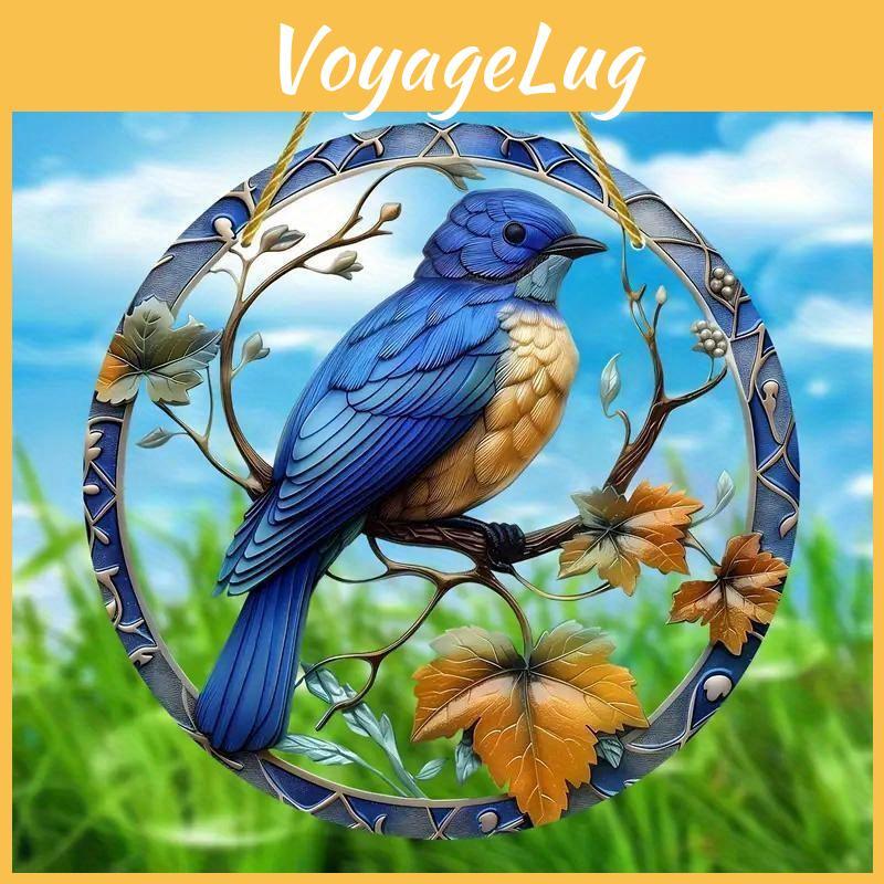 Blue Simulated Bird Branch Pattern Circular Acrylic Pendant Decoration Garden