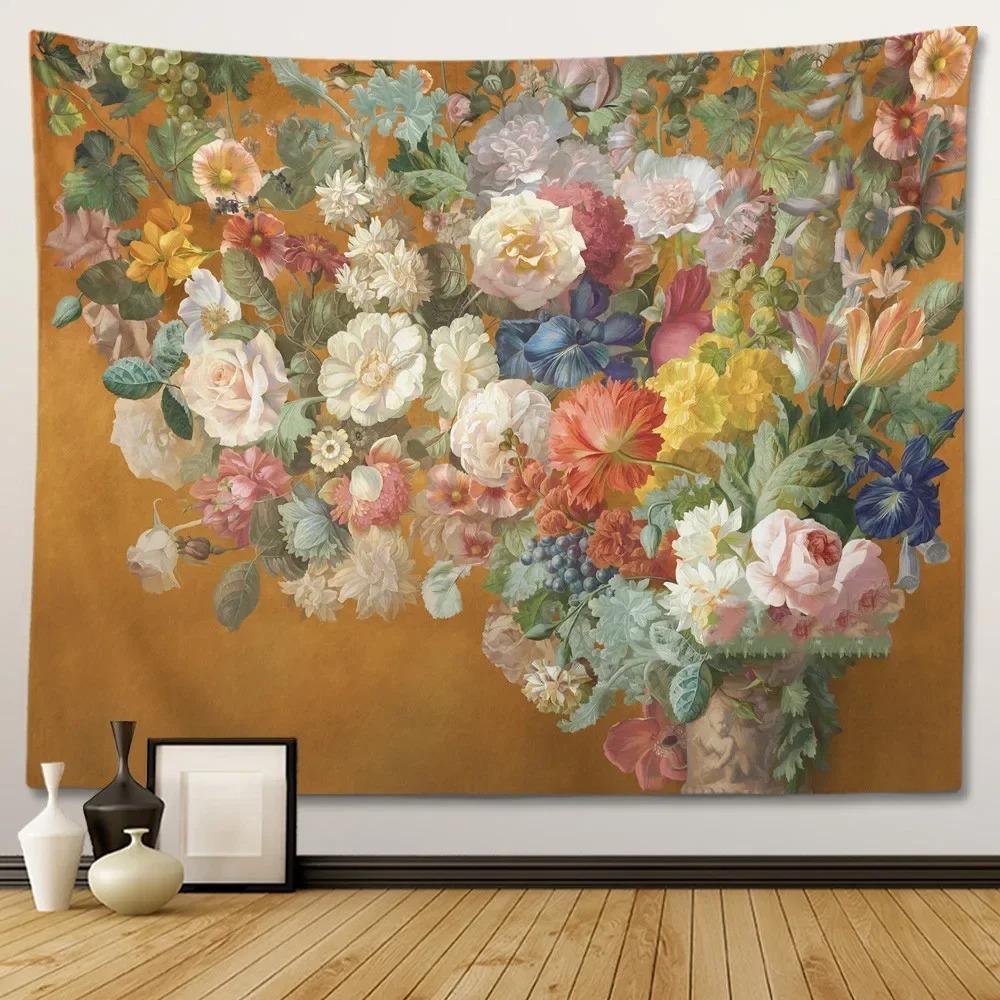 Retro European Style Floral Plant Theme Wall Hanging Bedroom Decorative Wall Tapestry Home Room Living Room Decoration