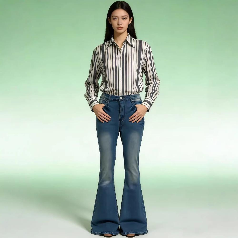 Women's Mid Rise Flare Jeans Vintage Washed Stretch Denim Bell Bottom Pants Plus Size