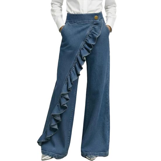 Women Denim Trousers Wide Leg Elastic Waist Casual Pants Soft Comfortable Loose Fit Trousers M темно-синий
