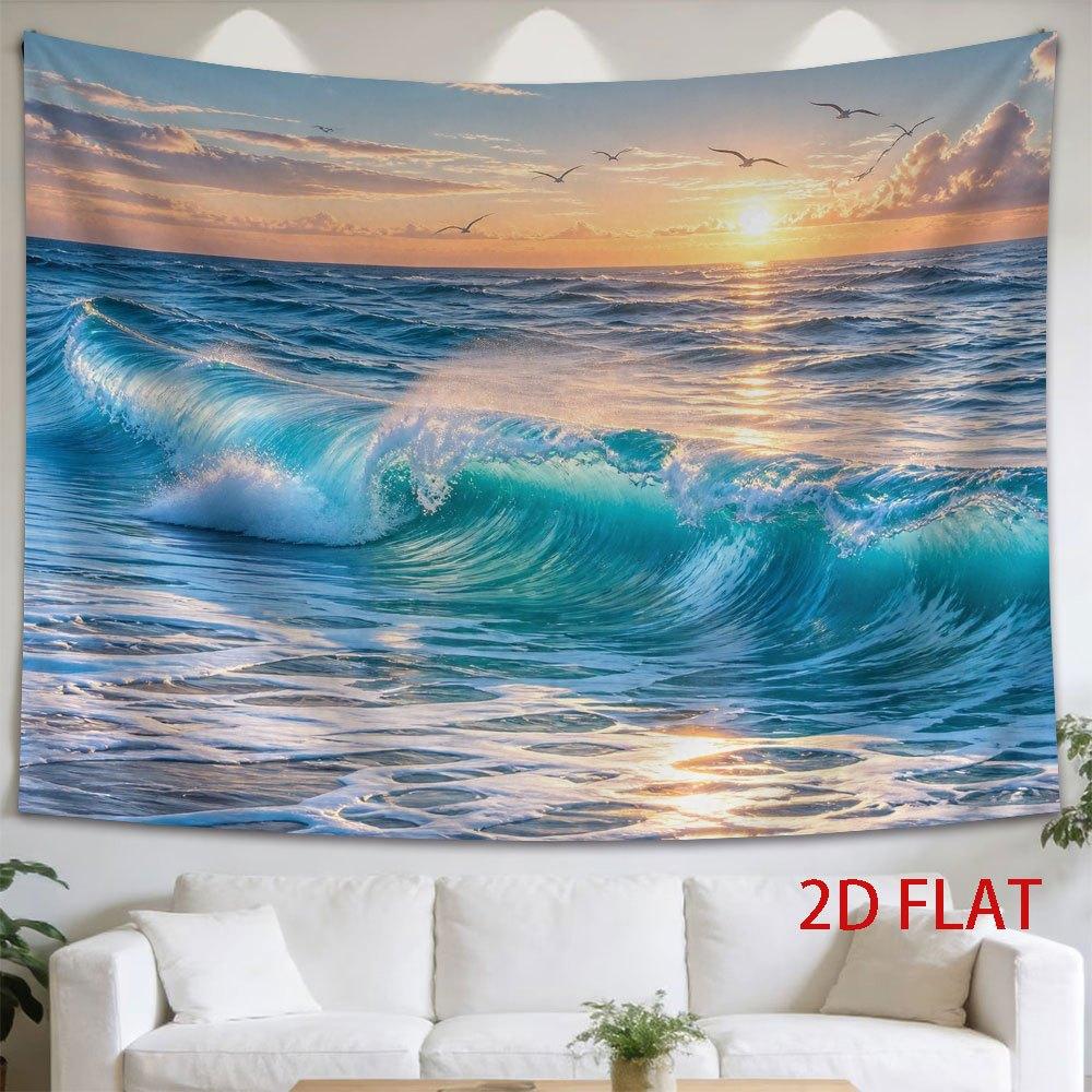 1pc Tapestry Ocean Waves Surge Toward Sunrise, Seabirds Glide Across The Golden Sky