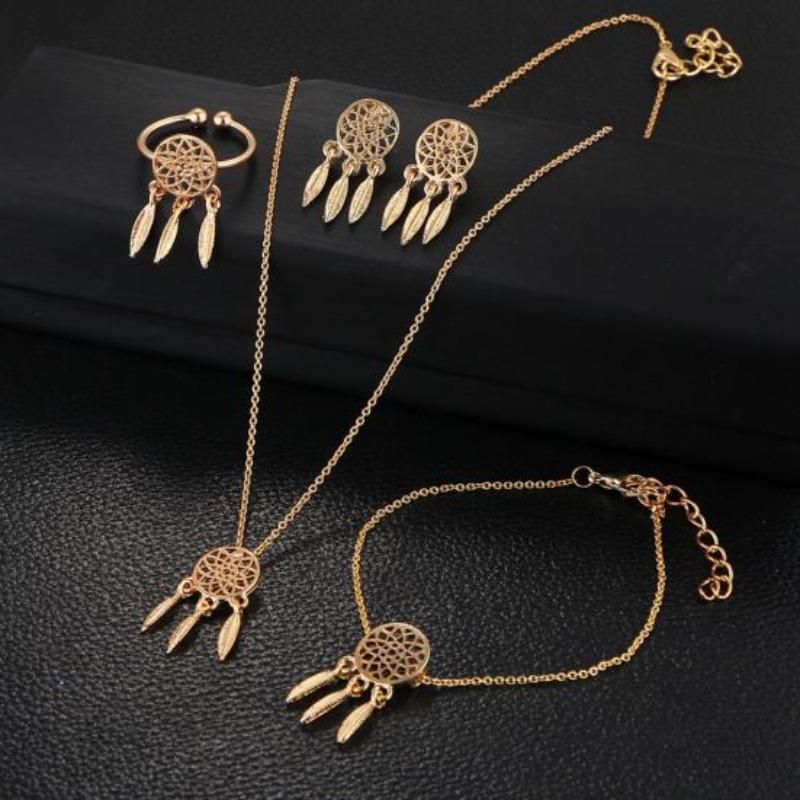 Hollow Dream Catcher Tassel Necklace Earrings Ring Bracelet Women Jewelry Set
