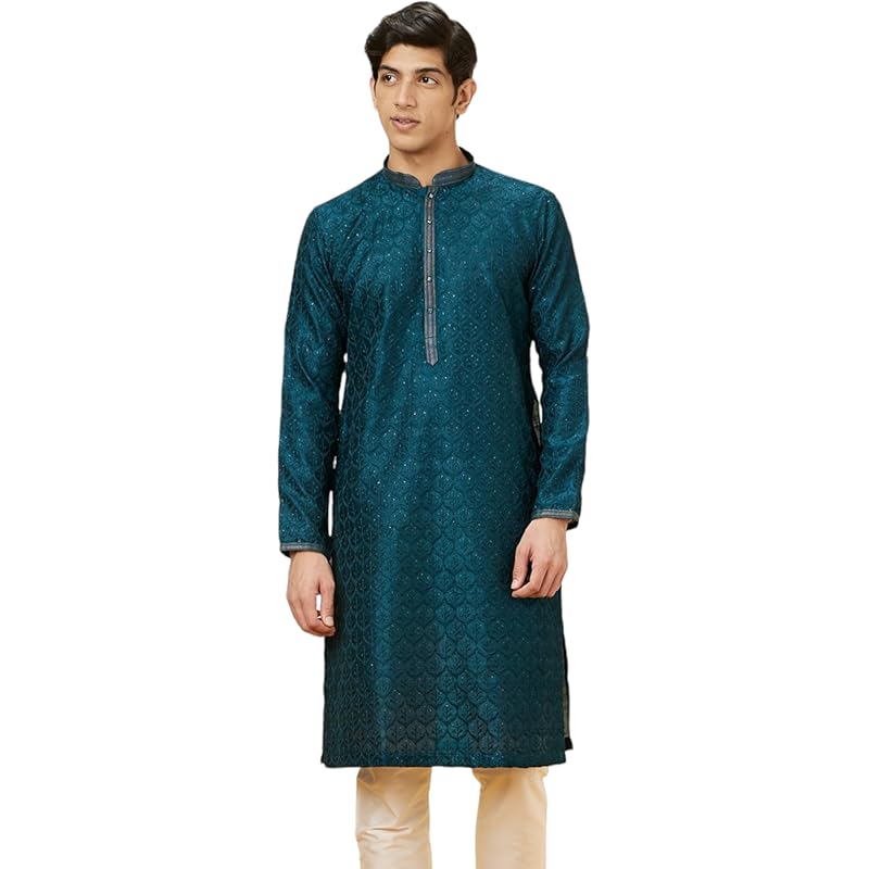 Manyavar Mens Blue Art Silk Self Design Kurta Pyjama Set