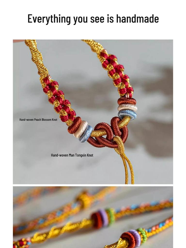 Elegant Handmade Amber Gold Pendant Necklace with Eight Treasures Compass Safety Buckle and Jade Pendant Rope