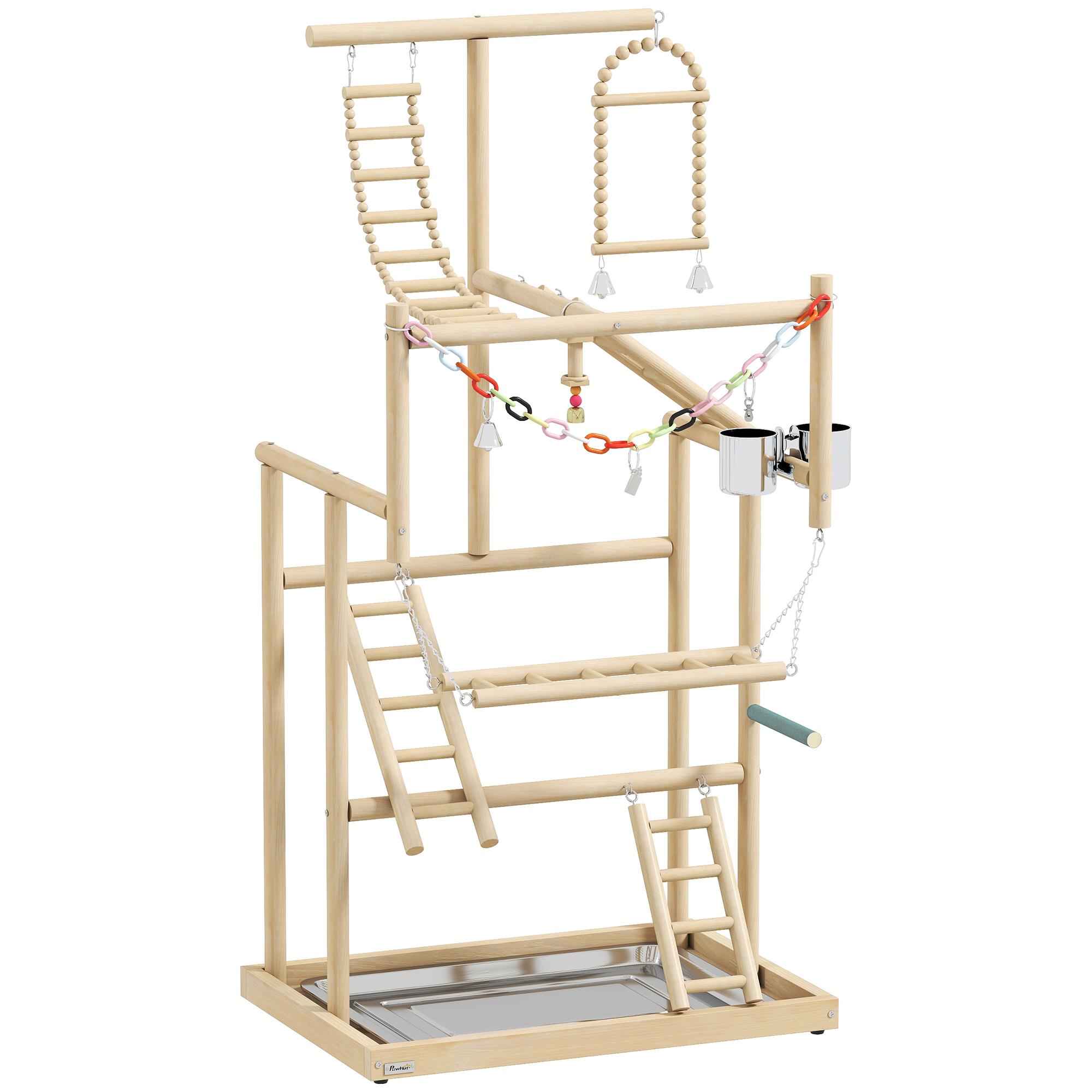 Aire de jeux pour oiseaux en bois de 95 cm avec échelles, jouet à chaîne, tasses et plateau en acier inoxydable, accessoires de cage à oiseaux, naturel