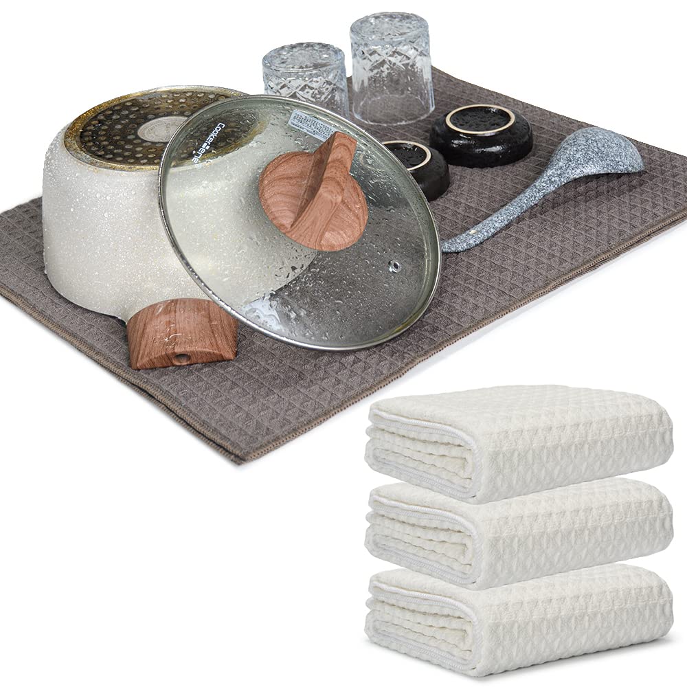 KYOSAMA Draining Towels, Tea Towels, Large 80*50cm, Absorbent, Quick-Drying, for Dish Wiping, Pot Wiping (White, 3-Pack)