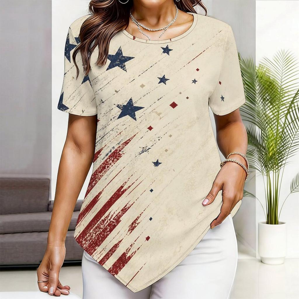 Women Plus Size Short Sleeve Asymmetric Hem Top Pink Crystal Heart Gem Glitter Print Blouse