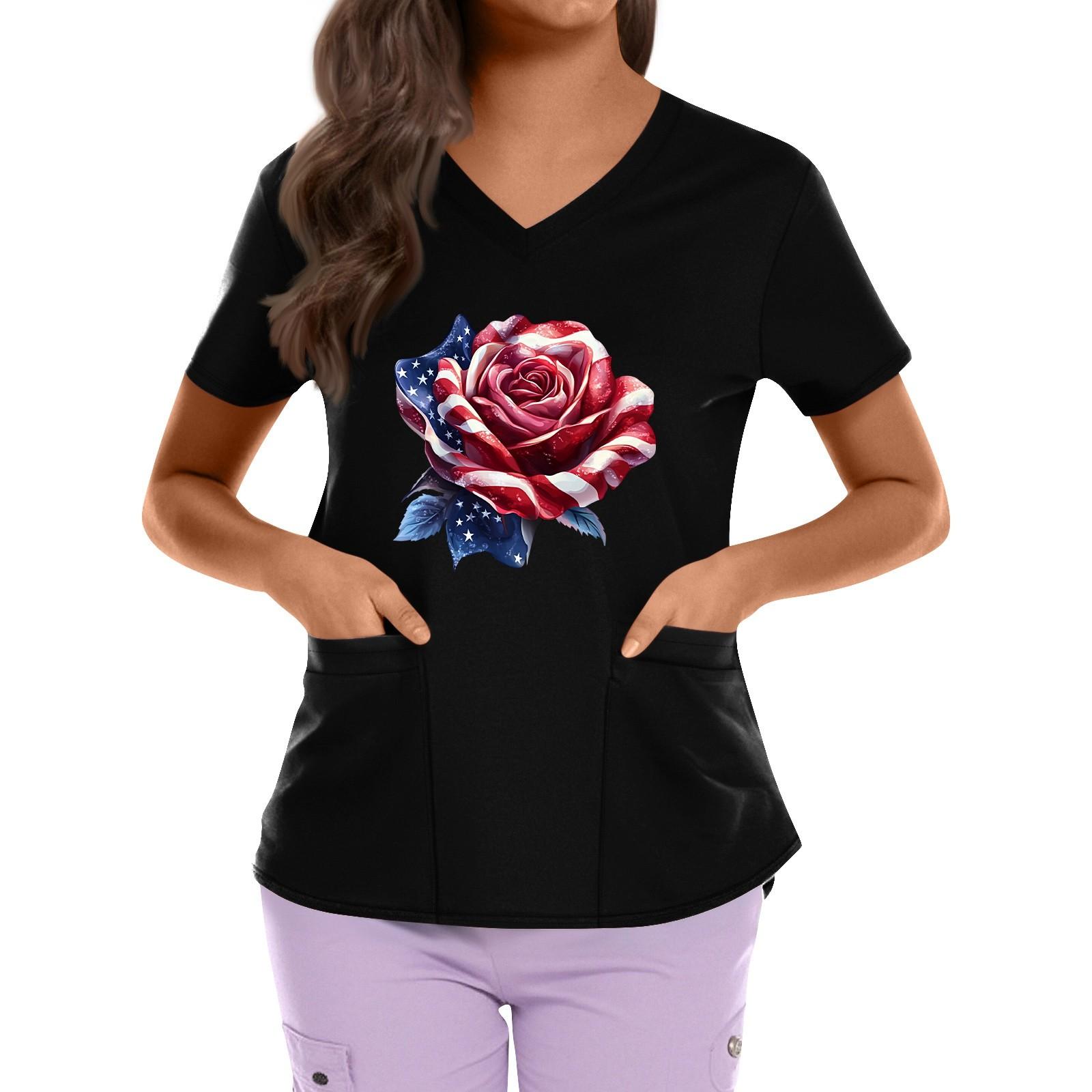 

Plus Size Printed Scrub Working Uniform Tops For Women s Cross V Neck Independence Day Print Short Sleeve Fun T-Shirts Workwear Tee With Pockets XXL чёрный