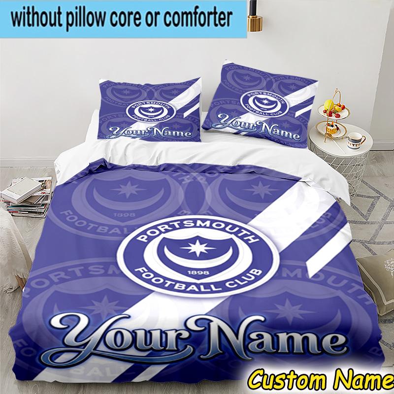 Custom Name Portsmouth Football Club Bedding Set 3PCS Duvet Cover Closure Includes 1 Duvet Cover & 2 Pillowcases for All Seasons Bedroom Decor