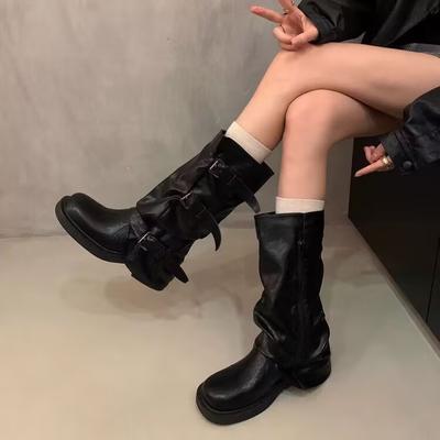 Thick-soled Medium Tube Pants Tube Boots Women's Early Season New Pleated Belt Buckle Dark Boots Knight Boots