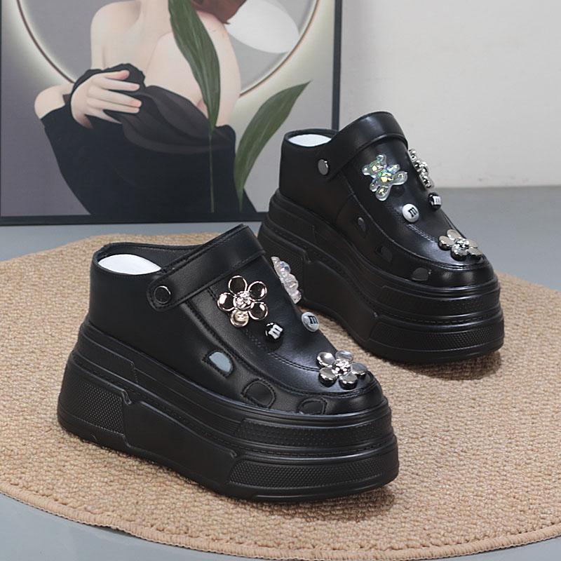 Fashion 12CM Baotou Half Slippers Female Summer Wear 2025 New Breathable Shoes Thick Sole Inside Elevation Sandals Designer Sandals