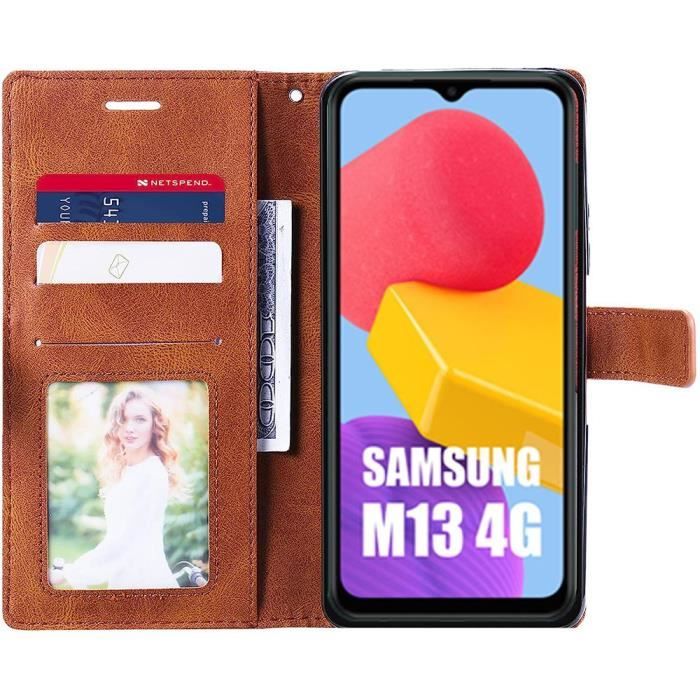 Coque pour samsung galaxy m13 - booling - rabat cuir synthétique intégral - marron - semi-rigide - silicone, pu