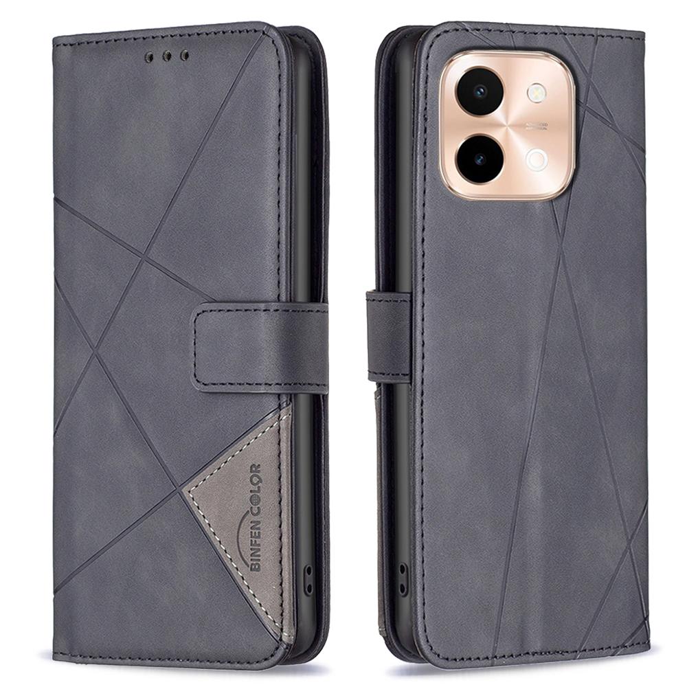 

For vivo Y28 4G Phone Cases Wallet Stand Geometry Imprint Leather Cover Black