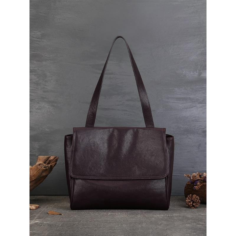 Echtes Leder Damen Baotou Schicht Rindsleder Einkaufstasche Einfache Pendler Schulter Umhängetasche Einfarbig Handgefertigt Weiche Rindsleder Große Tasche