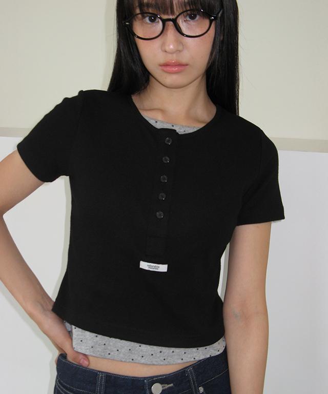 RONRON Button Layered Crop Half T Shirt Black Star