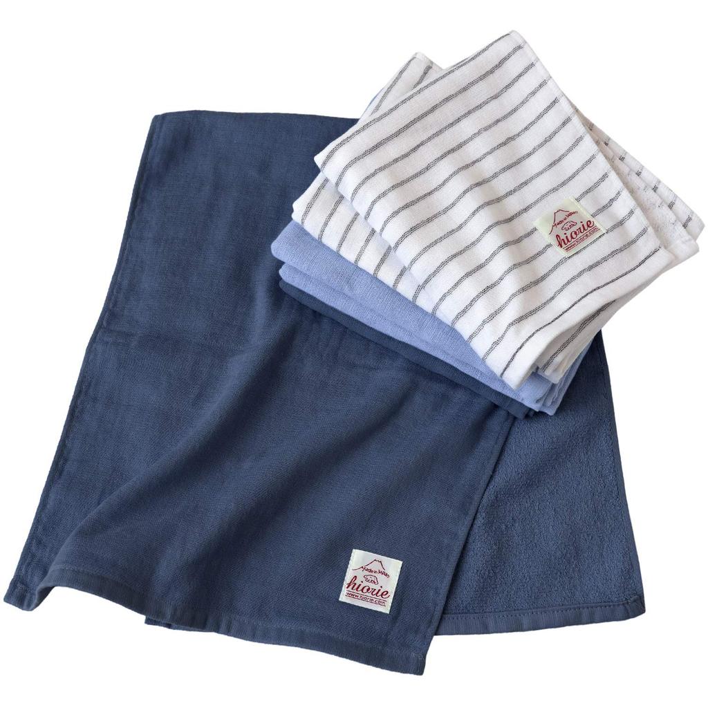 hiorie Gauze Face Set of Assorted Made in Japan Denim-Colored Towels, 3, Colors, 01,
