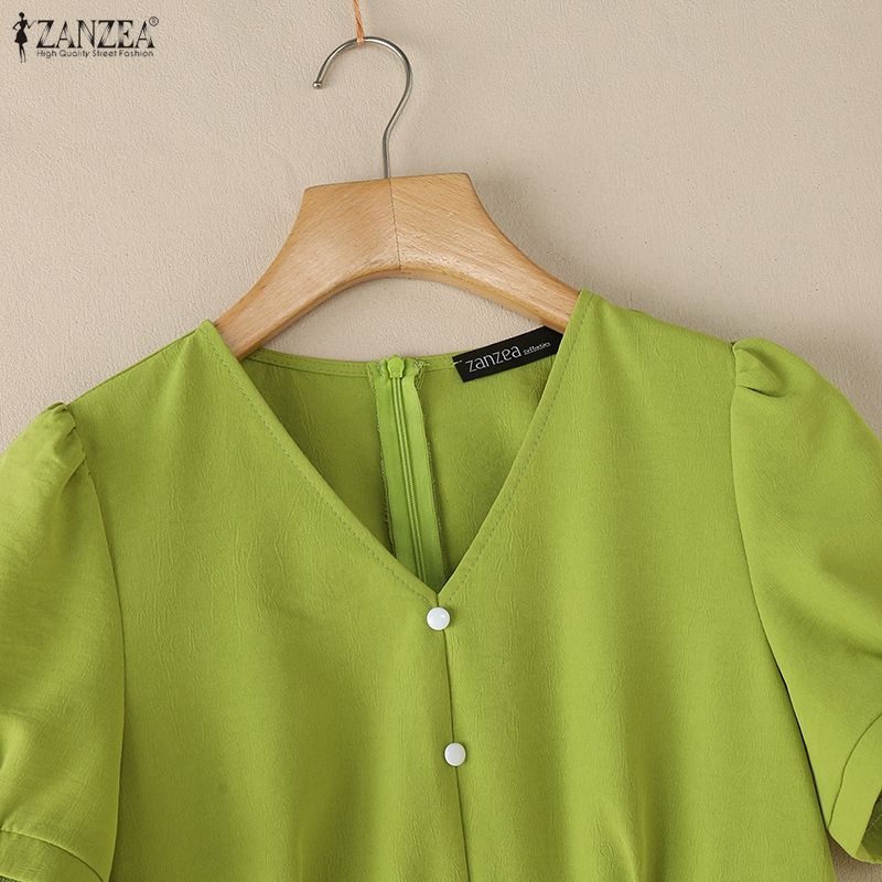 ZANZEA Women Casual V-Neck Short Sleeve Elegant Ruffles Hem Dress