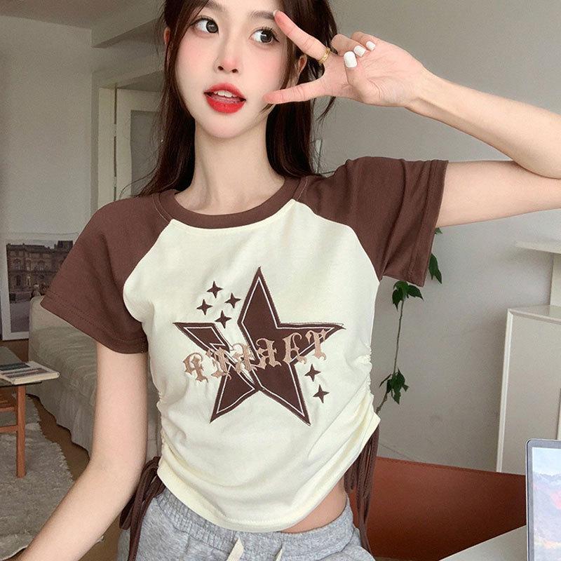 

Women s Summer Retro Star Color Block Lace-Up Raglan T-Shirt L (Recommended 95-105 kg)