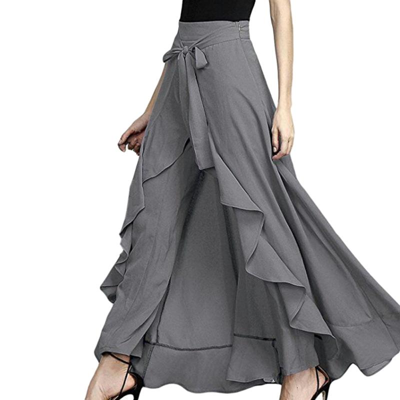 Women Tie-Waist Wrap Skirts Casual Chiffon Ruffle Wide Leg Loose Culottes