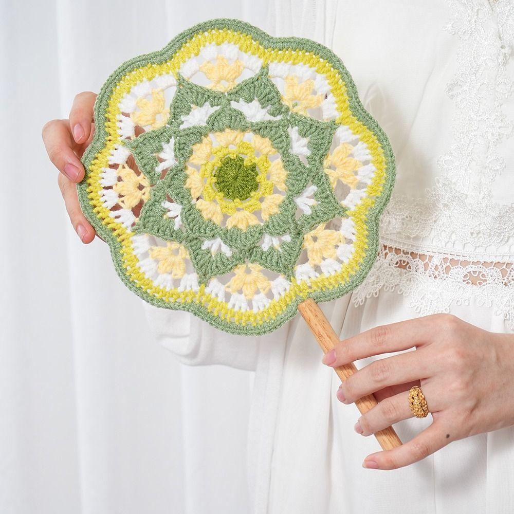 Yarn Hand Cranked Fan Handmade Decorative Craft Fan Crocheted Antique Style Fan  Women