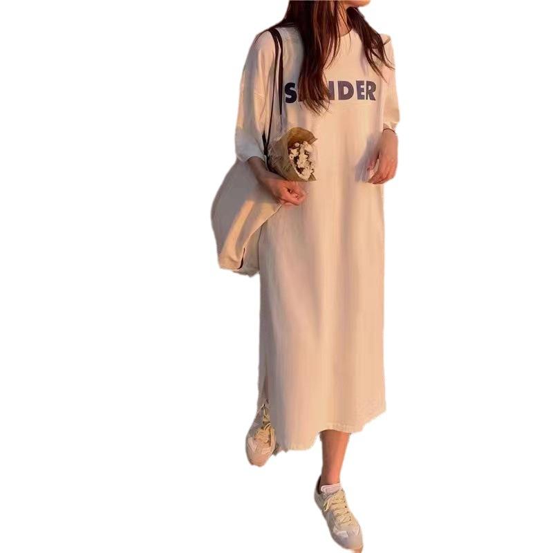 ins Korean short-sleeved dress women's summer new large size loose lazy style medium and long knee split t-shirt skirt