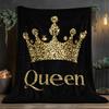 Queen Crown Flannel Blanket – Black & Gold Glitter Throw for Sofa, Bed, Travel & Regal Home Decor