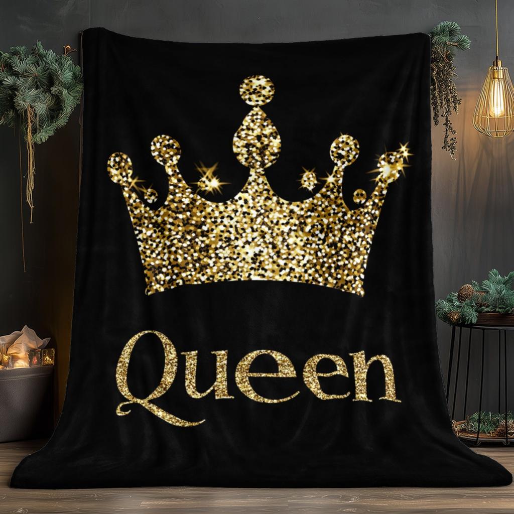 Queen Crown Flannel Blanket – Black & Gold Glitter Throw for Sofa, Bed, Travel & Regal Home Decor