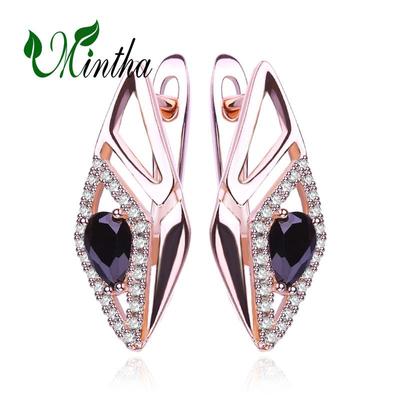 MINTHA Geometry Clip Earrings Trend Rose Gold Color Wedding Daily Fashion Jewelry Hollow Black Cubic Zirconia Earrings For Women Bridal Earrings