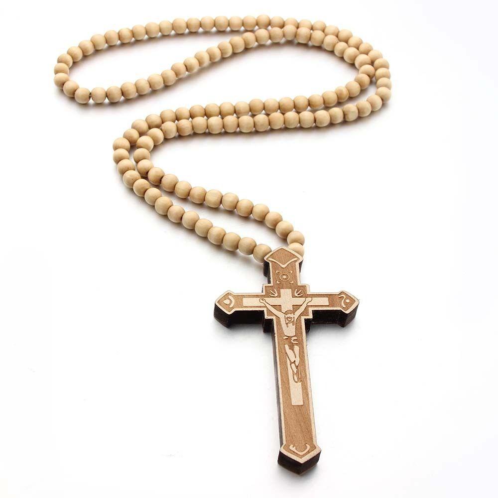 Houten Handgemaakte Rozenkrans Ketting Religieus Kruis Hanger Ketting Houten Kralen Ketting Bidden