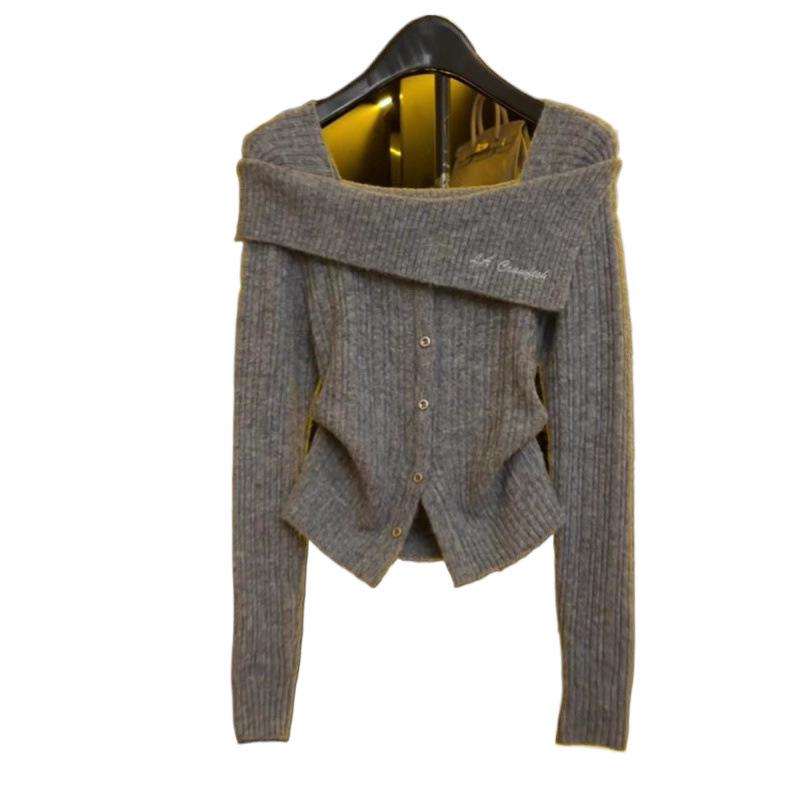 Women's Autumn 2024 European Square Neck Off-the-Shoulder Slim Knit Sweater Top