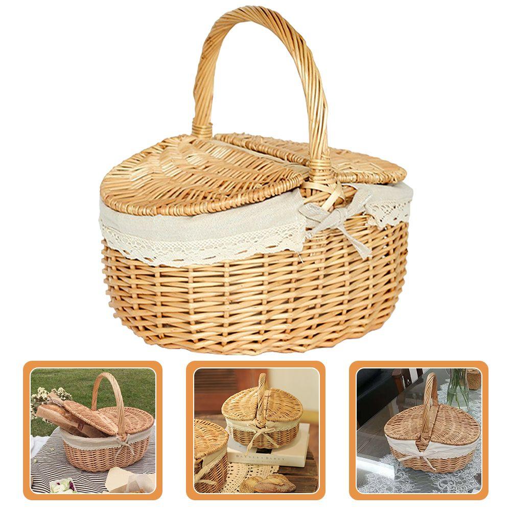 Large Handwoven Wicker Rattan Bamboo Storage Baskets With Lid Portable Picnic Outdoor Shopping Market Tote Ganizer