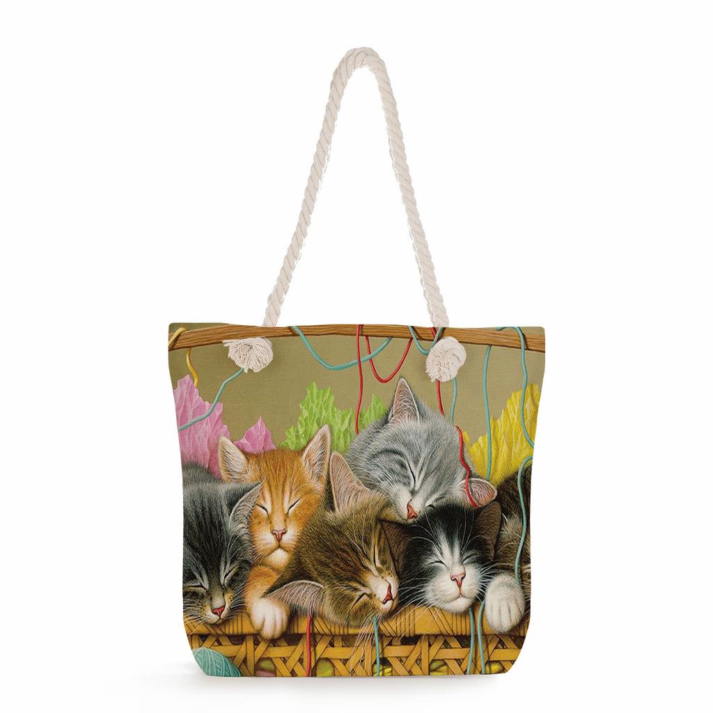 Flower Cat Print Thick Rope Single-shoulder Beach Bag 7269 CLE