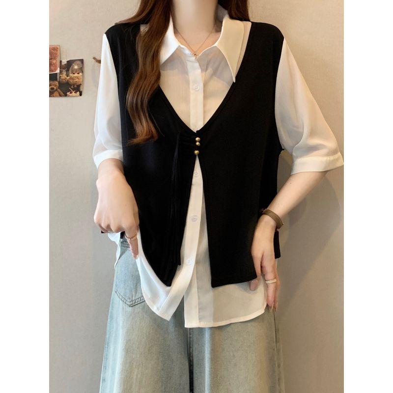 Plus size women clothing Belly Covering Fake Two Pieces Graceful Vest Shirts Female Summer Chubby Girl Slimming Shoulder Short sleeve Top