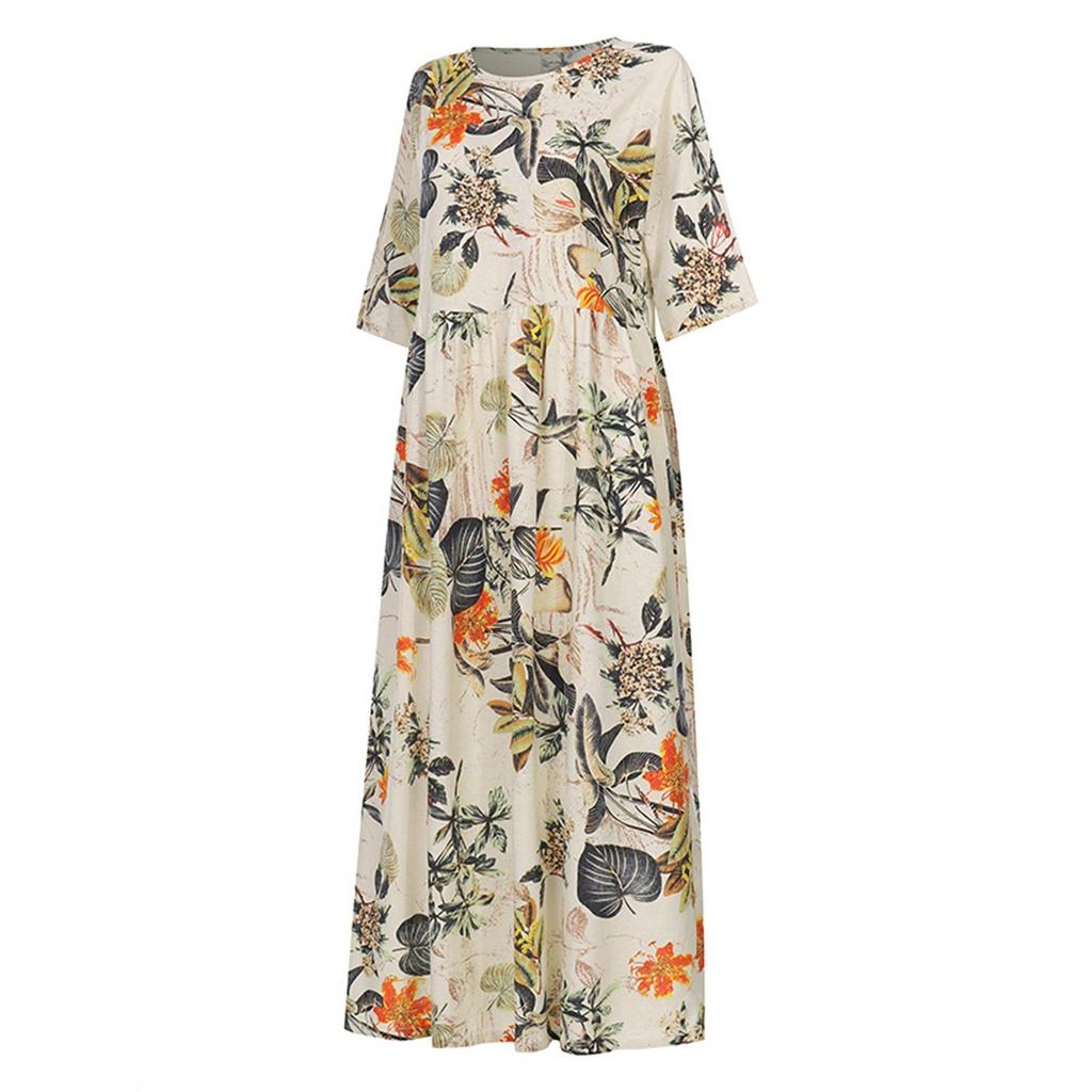 Women's Summer Round Neck 3/4 Sleeve A-Line Skirt Medium Length Printed Loose Dress