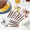 Rose Round Handle Wood Grain - 4-piece Set Imitation Wood Handle Stainless Steel Steak Knife and Fork Retro Portuguese Western Tableware Set Dessert