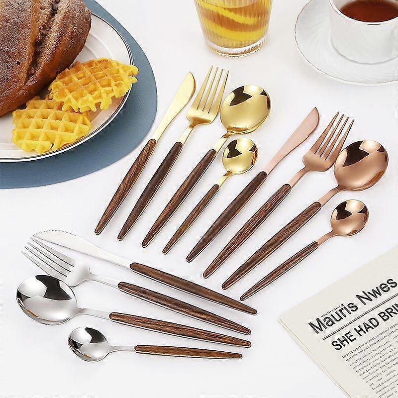 Rose Round Handle Wood Grain - 4-piece Set Imitation Wood Handle Stainless Steel Steak Knife and Fork Retro Portuguese Western Tableware Set Dessert