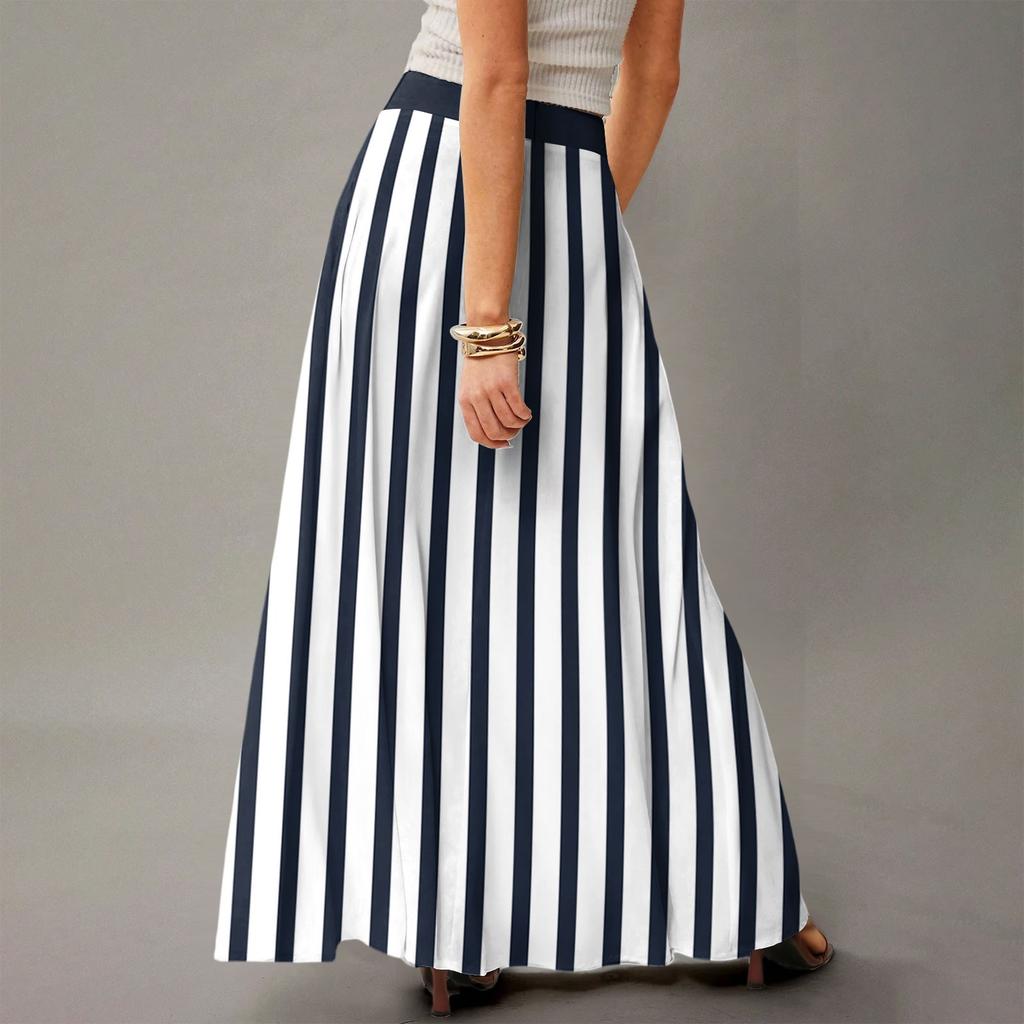 Damen Lässig Freizeit Faltbar Gestreift Kariert Druck Hohe Taille Mit Tasche Drapierter Entspannter Langer Maxi Rock