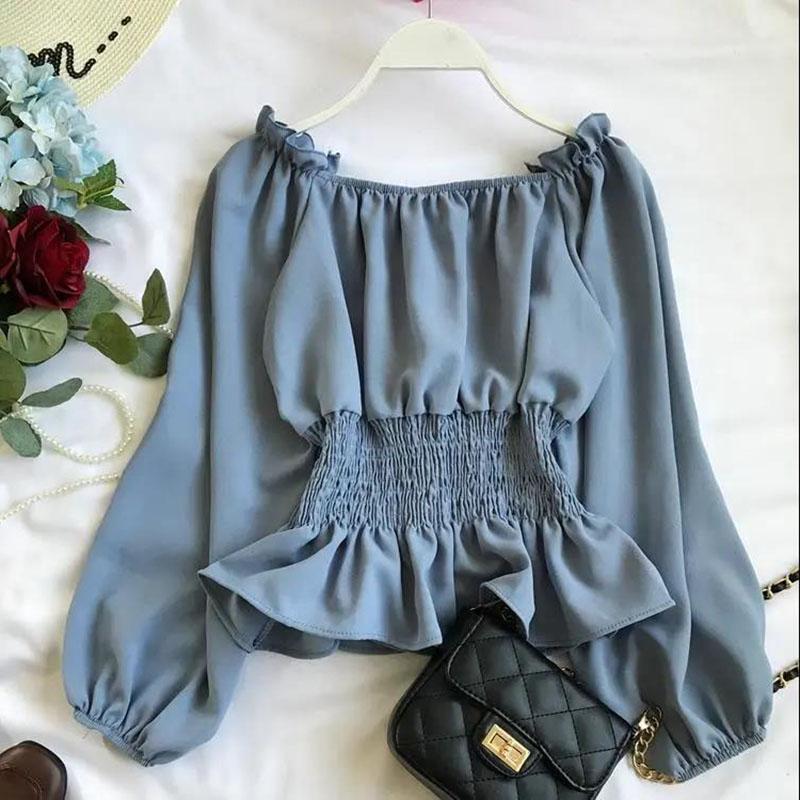 Women's Ruffled Chiffon Shirt Short Top Sexy Off-the-shoulder Off-the-shoulder Long Sleeve Waist Shirt Women Blouse Lantern Sleeve
