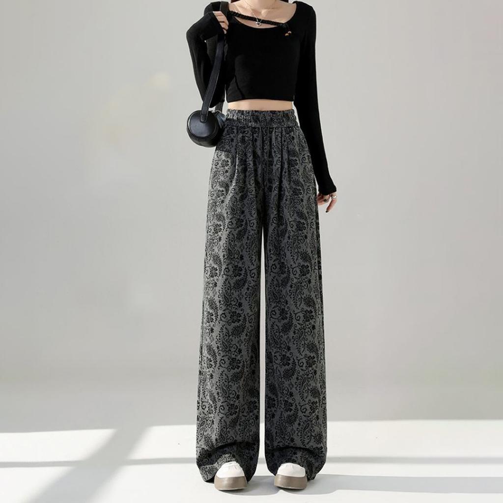 New Spring Autumn Retro Jacquard Casual Wide-leg Pants Women in Autumn High Waist Loose Elastic Waist Straight Pants