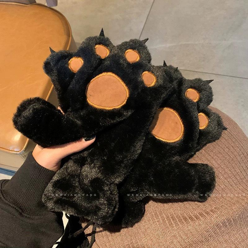 Cute Cartoon Bear & Cat Paw Plush Winter Gloves for Women and Students - Fleece Lined, Neck Hanging, Cold-Proof, Trendy for Cycling
