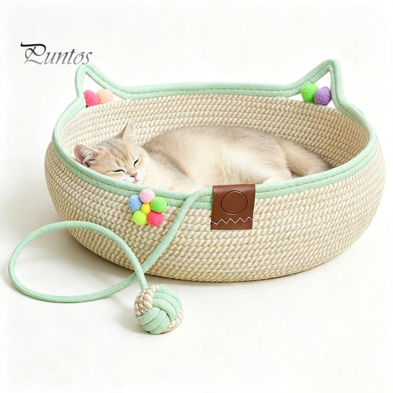 Cozy Cat Bed for All Seasons Handwoven Cotton Rope Bed, Scratchable Indoor Sleeping Basket, Breathable Woven with Pad Round Pet House Cats Kittens And