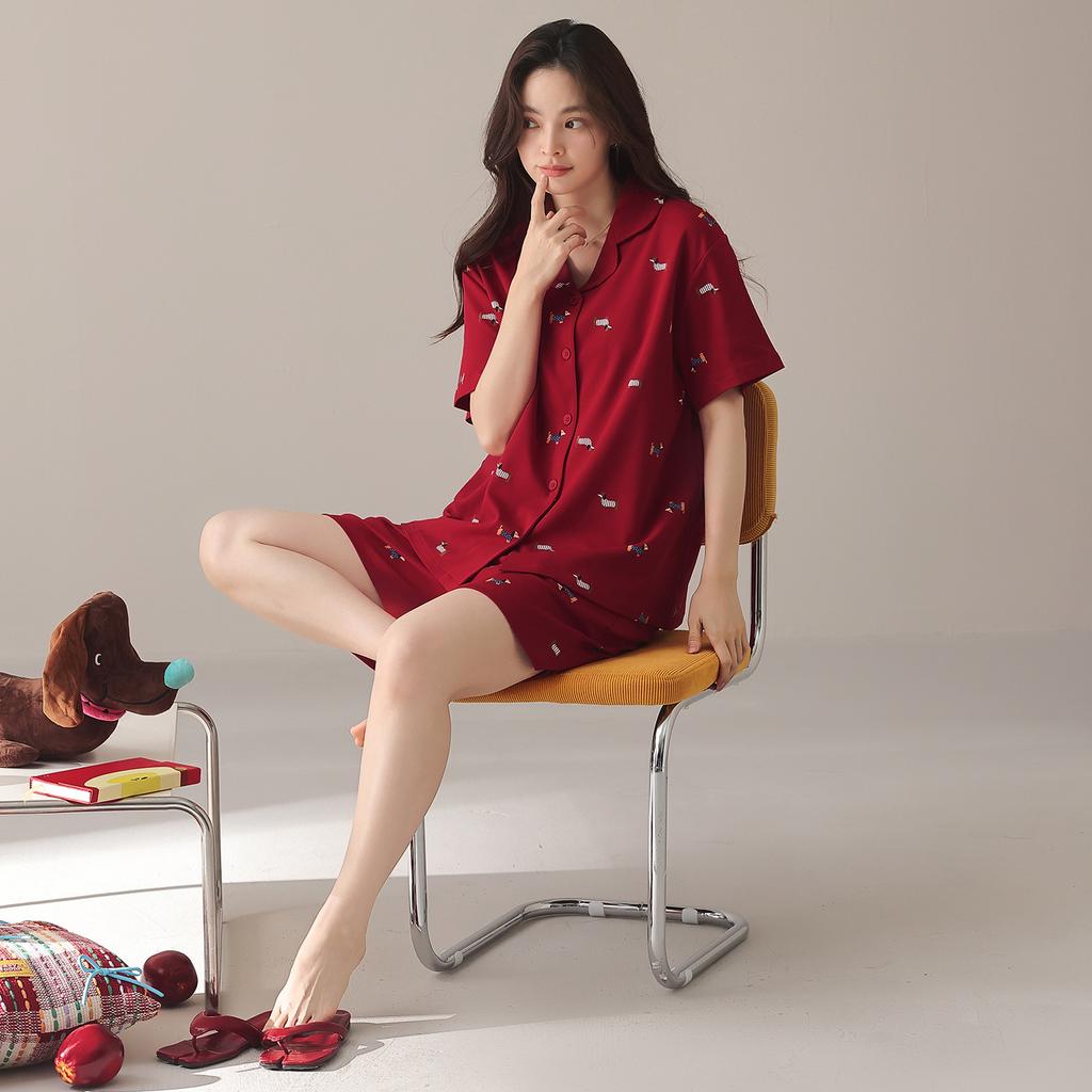 Wedding Couple Suit Summer Pure Cotton Short-sleeved Thin Festive Wedding Wine Red Cotton Loungewear Suit